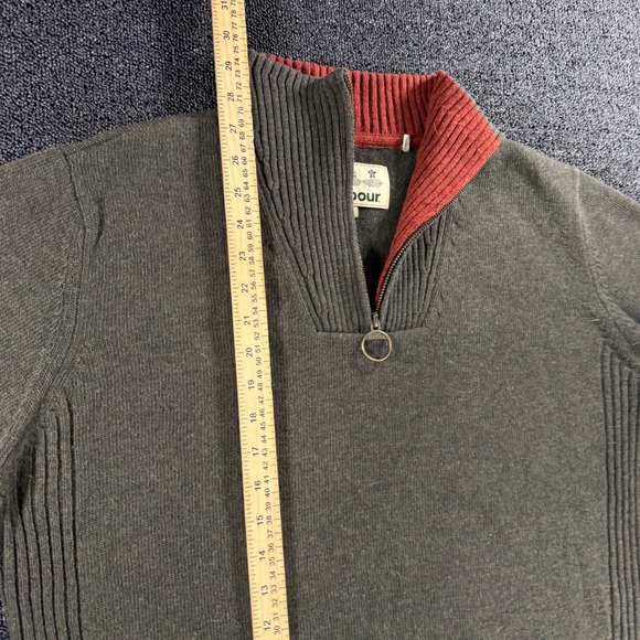 Barbour Jumper Sweater Men's Large 1/4 Zip Olive Green Red Contrast 100% Wool - Picture 6 of 11